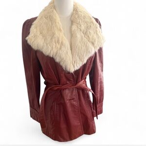 Women's Fur Collar Belted Leather Jacket - Rust